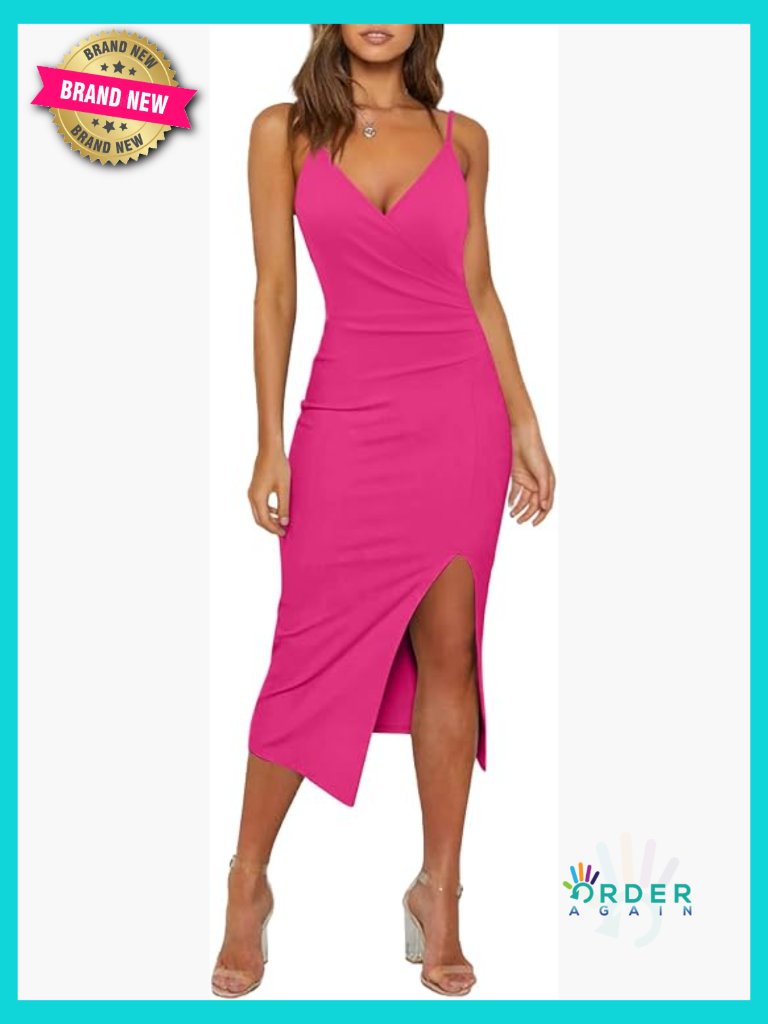 Sexy V Neck Spaghetti Strap Wrap Bodycon Dress Side Slit Cocktail Party Guest